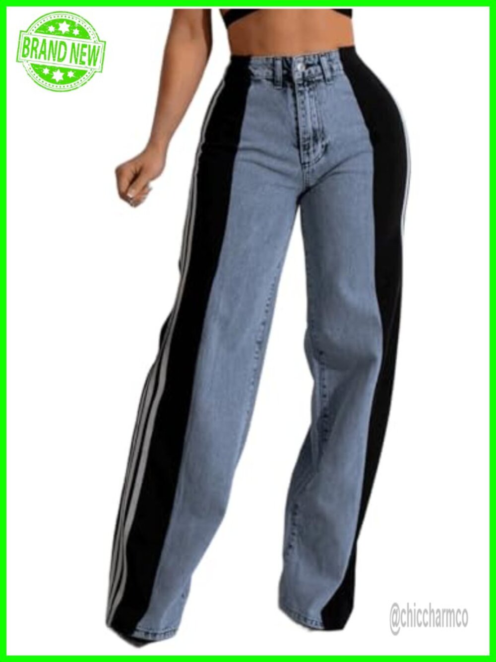 Women's High Waisted Wide Leg Jeans with Patchwork Side Stripes Stretch